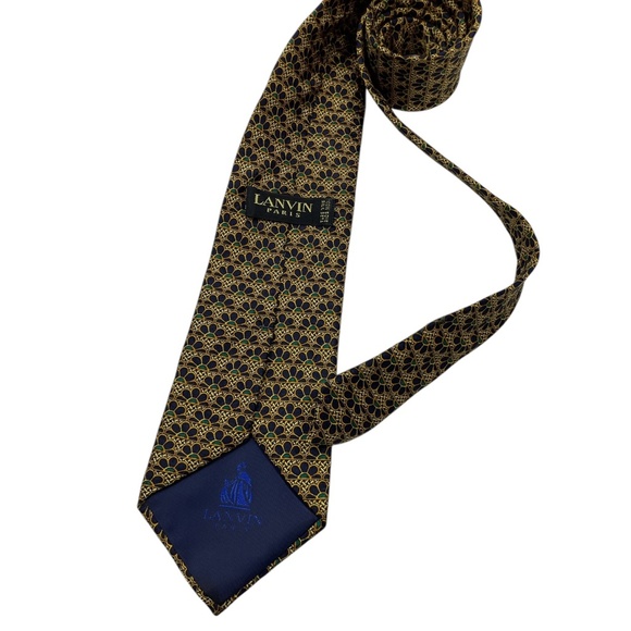 LANVIN XL Black/Gold/Green Geometric Floral Silk LUXURY Tie FRANCE - Picture 2 of 4